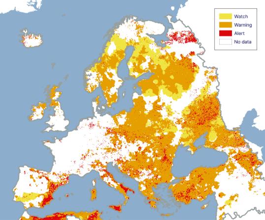 Map showing the Combined Drought Indicator for Europe, third 10-day period of May 2024
