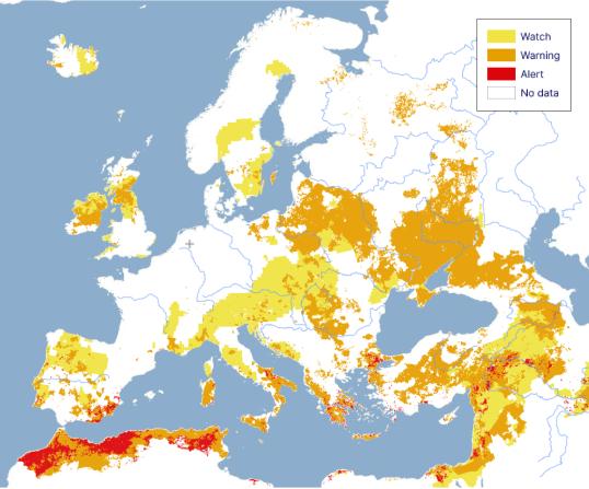 Map of Europe showing the drought conditions in January 2025 for 2nd ten-day period