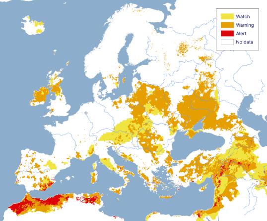 Map of Europe showing the drought conditions in January 2025 for 3rd ten-day 