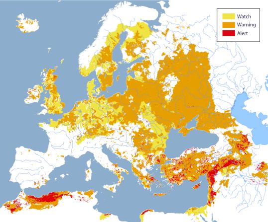 Map of Europe showing the colours of the Combined Drought Indicator for the watch (yellow), warning (orange) and alert (red) drought conditions.