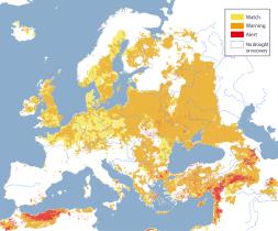 Map of Europe showing the colours of the Combined Drought Indicator for the watch (yellow), warning (orange) and alert (red) drought conditions.
