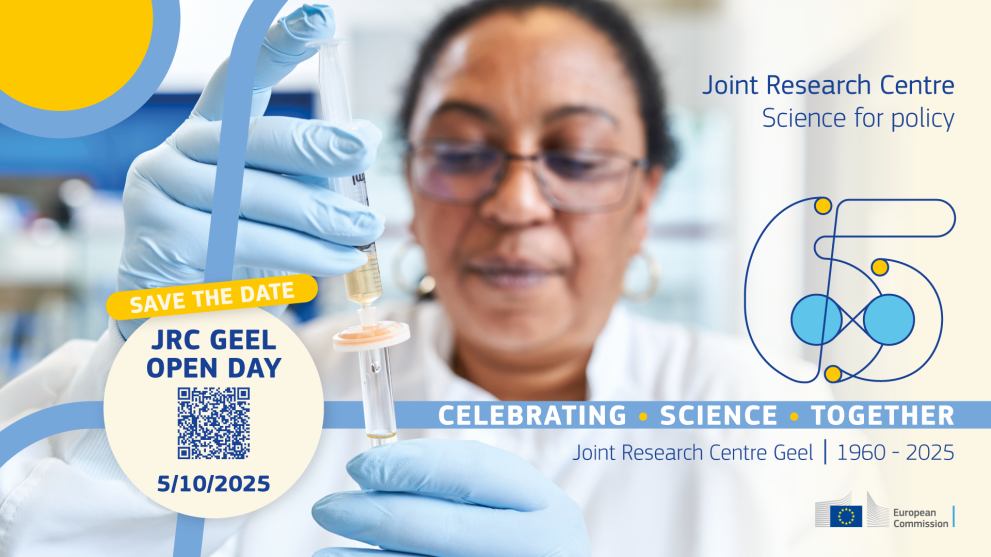 Scientist pipeting with A URL to the web page event. Celebrating science together. 65 anniversary at the JRC Geel site.